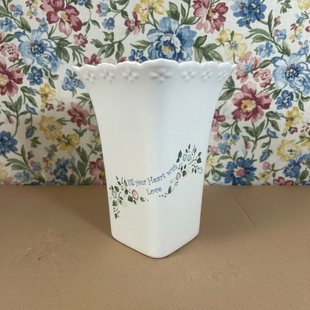 Cream Floral Vase Scalloped Rim Embossed Fill Your Heart Home W/Love Happiness